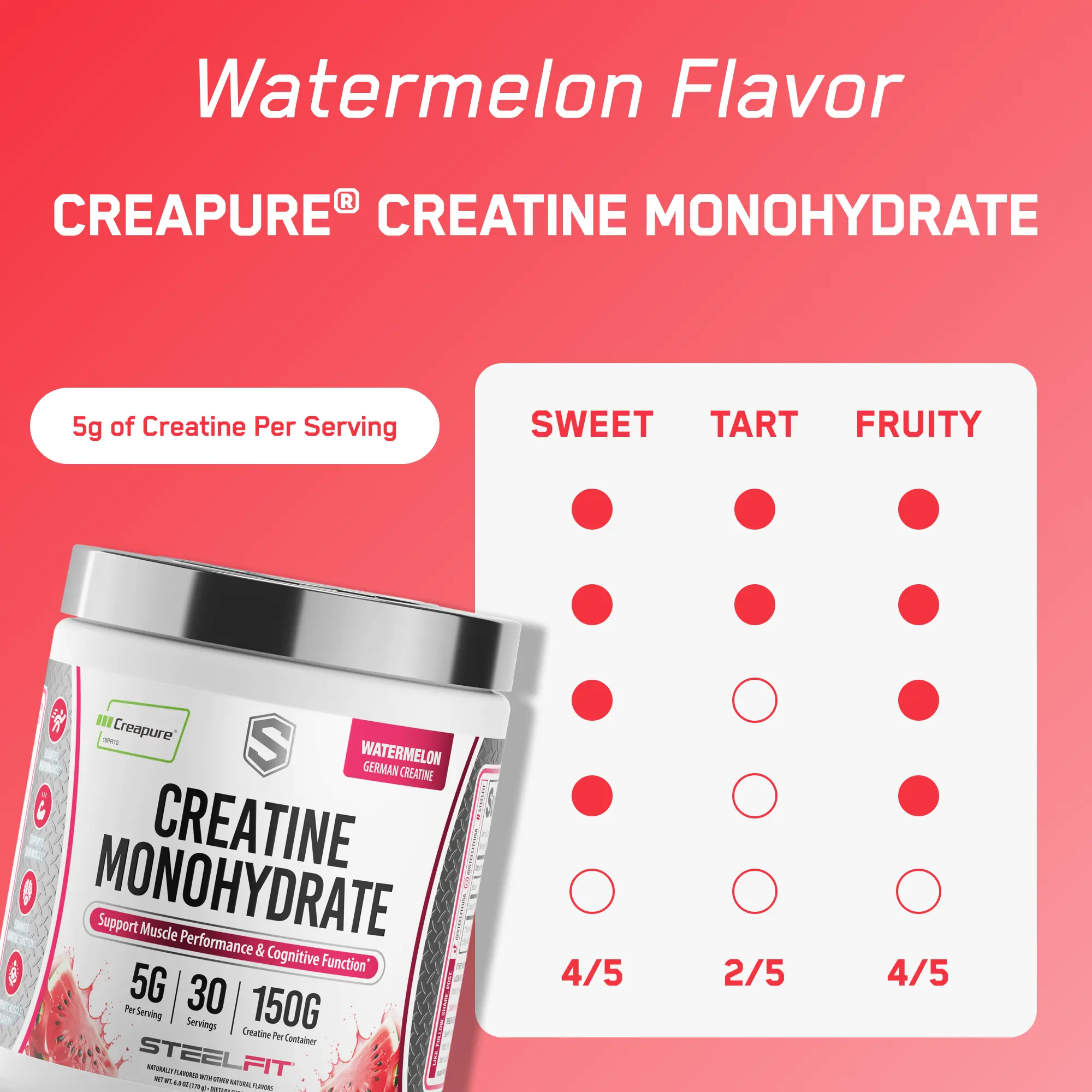 Watermelon-flavored Creapure® Creatine Monohydrate supplement by SteelFit, featuring 5g creatine per serving, 30 servings, supports muscle performance and cognitive function.