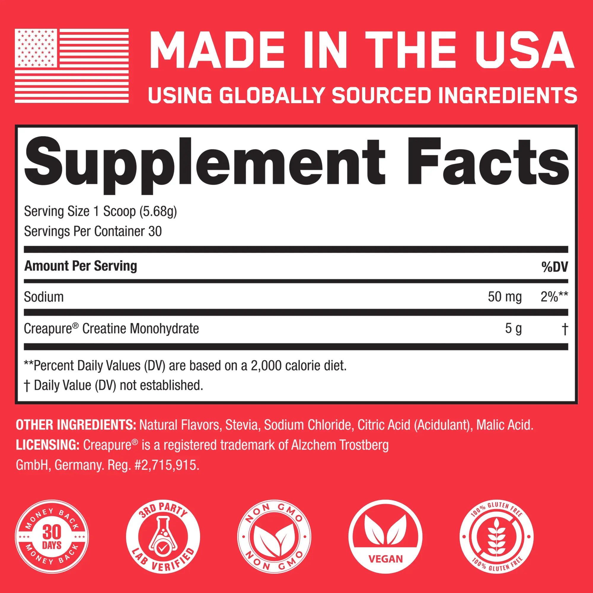 Label of Creatine Monohydrate (Flavored) showcasing Creapure® Creatine, 30 servings, non-GMO, vegan, gluten-free, enhancing muscle performance, from SteelFit USA.