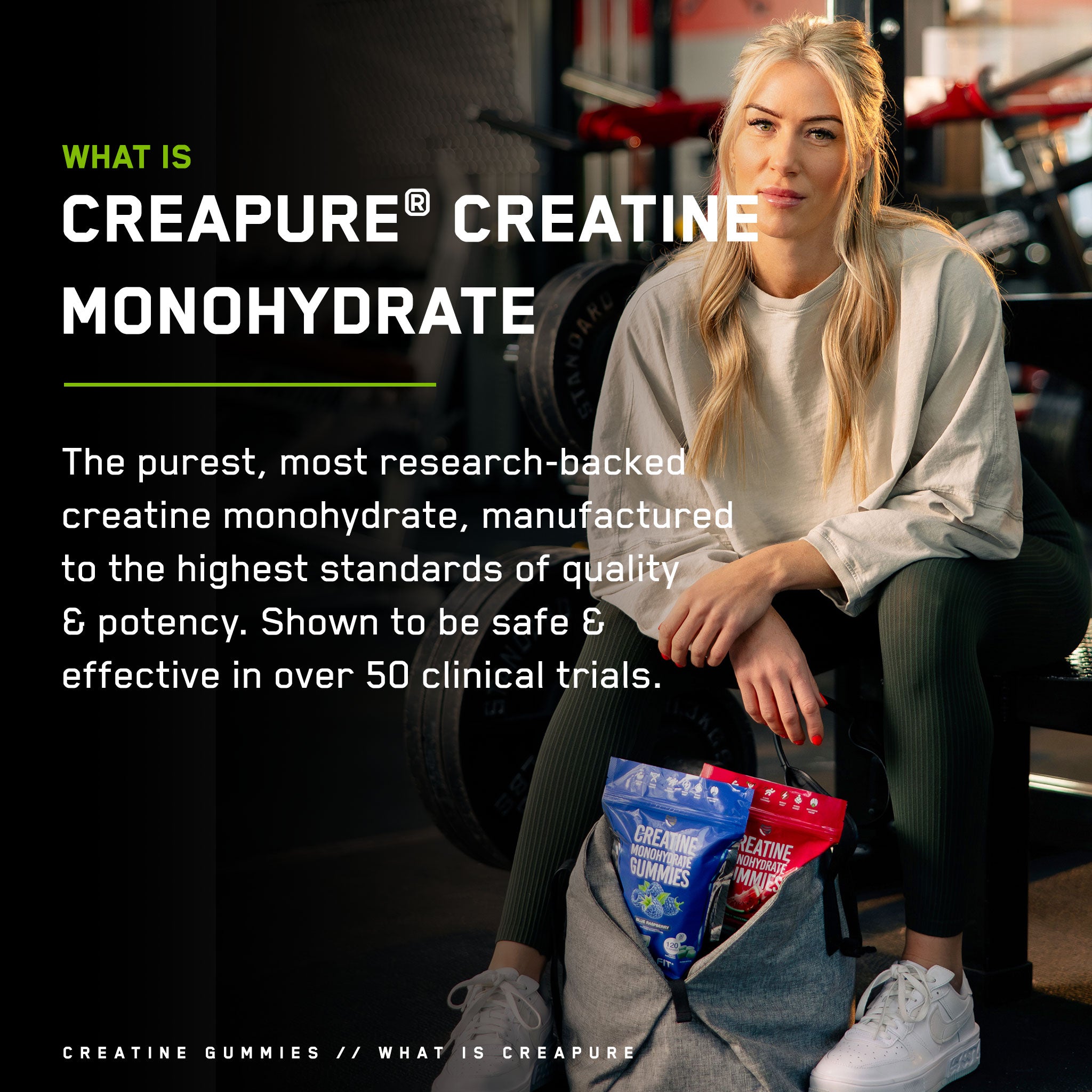 Woman sitting on a bench holding SteelFit® Creatine Monohydrate Gummies, highlighting the product's convenient, tasty fitness-boosting format without messy powders.