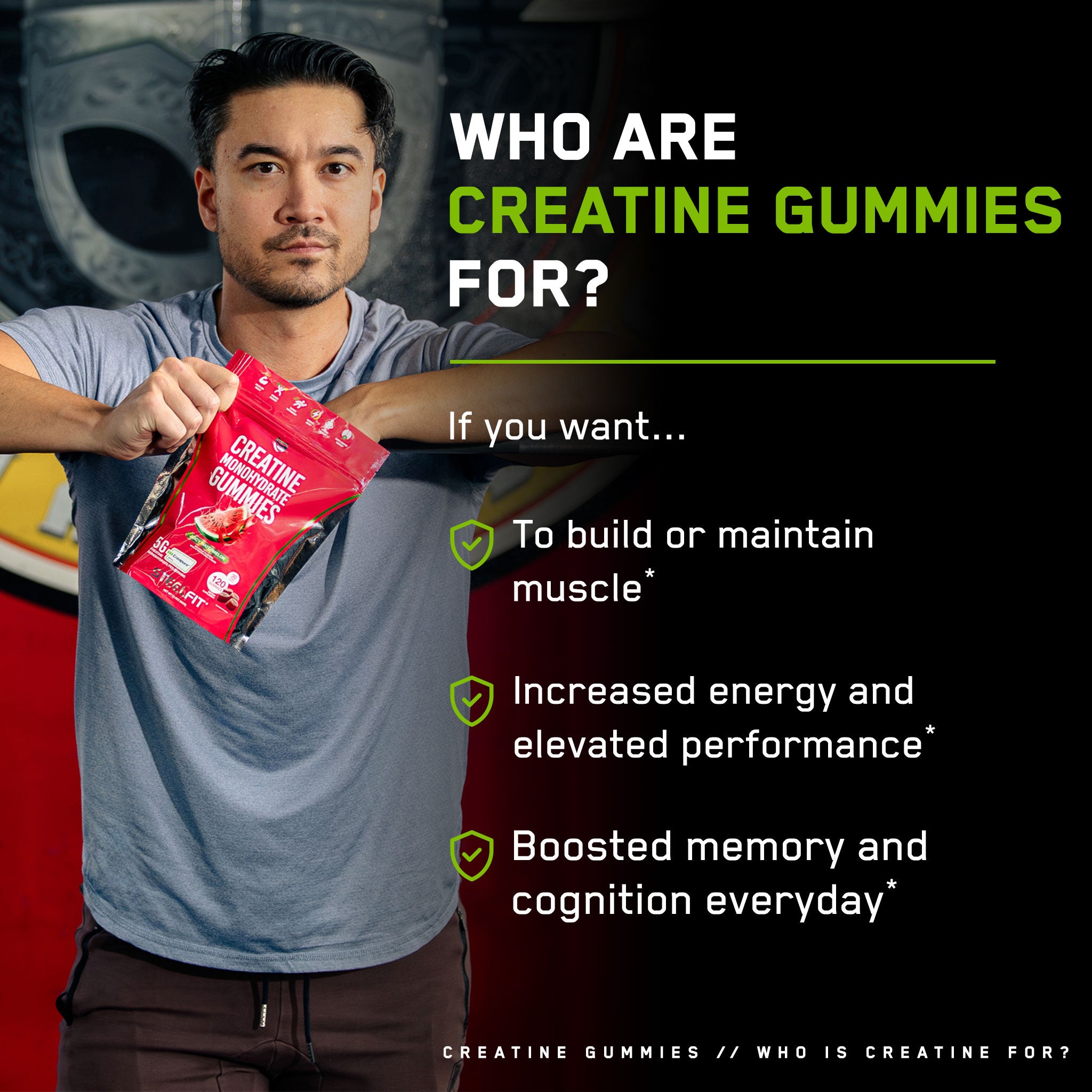 Man holding a bag of SteelFit® Creatine Monohydrate Gummies, designed to enhance workouts with 5G of Creapure® Creatine Monohydrate per serving.