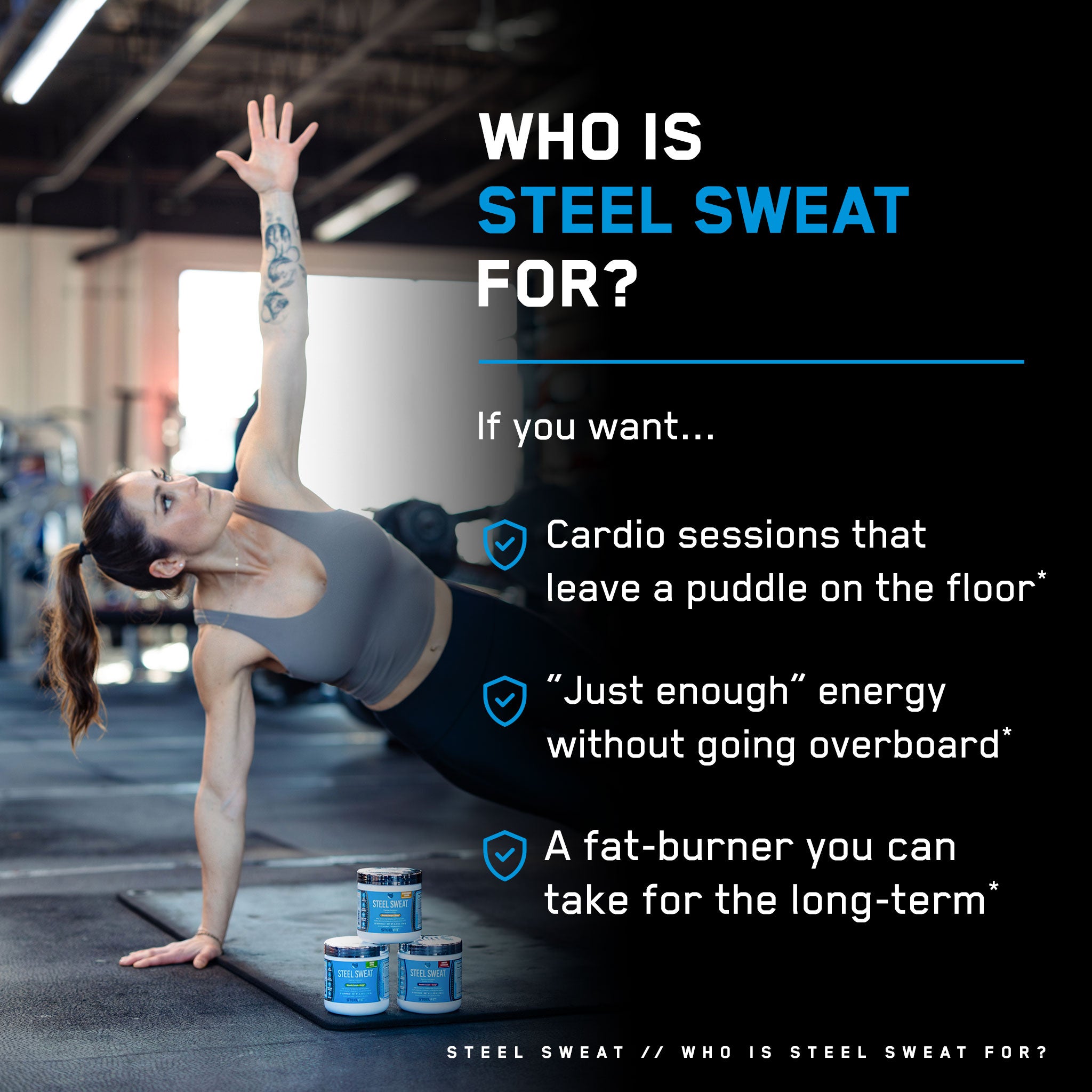 Steel Sweat® container beside a woman doing push-ups in a gym, symbolizing enhanced cardio performance and increased sweat during workouts.