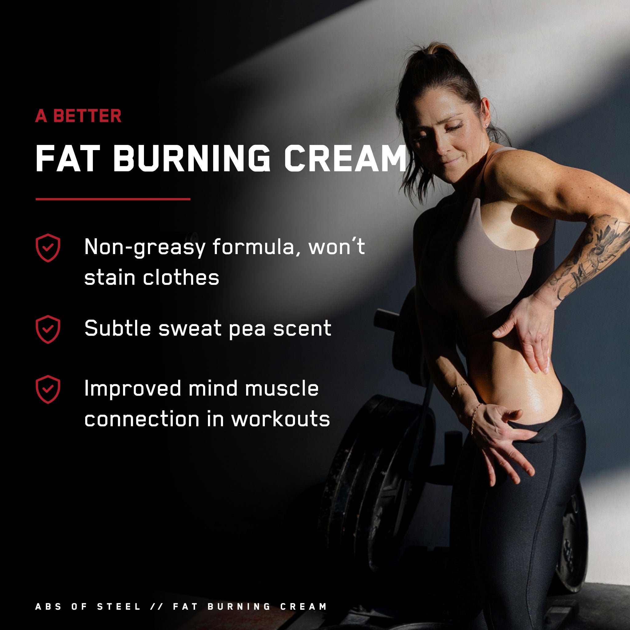 Woman showcasing Abs of Steel® Starter Bundle with tattoos visible on her arm, promoting enhanced circulation and fat-burning with included waist trimmer.