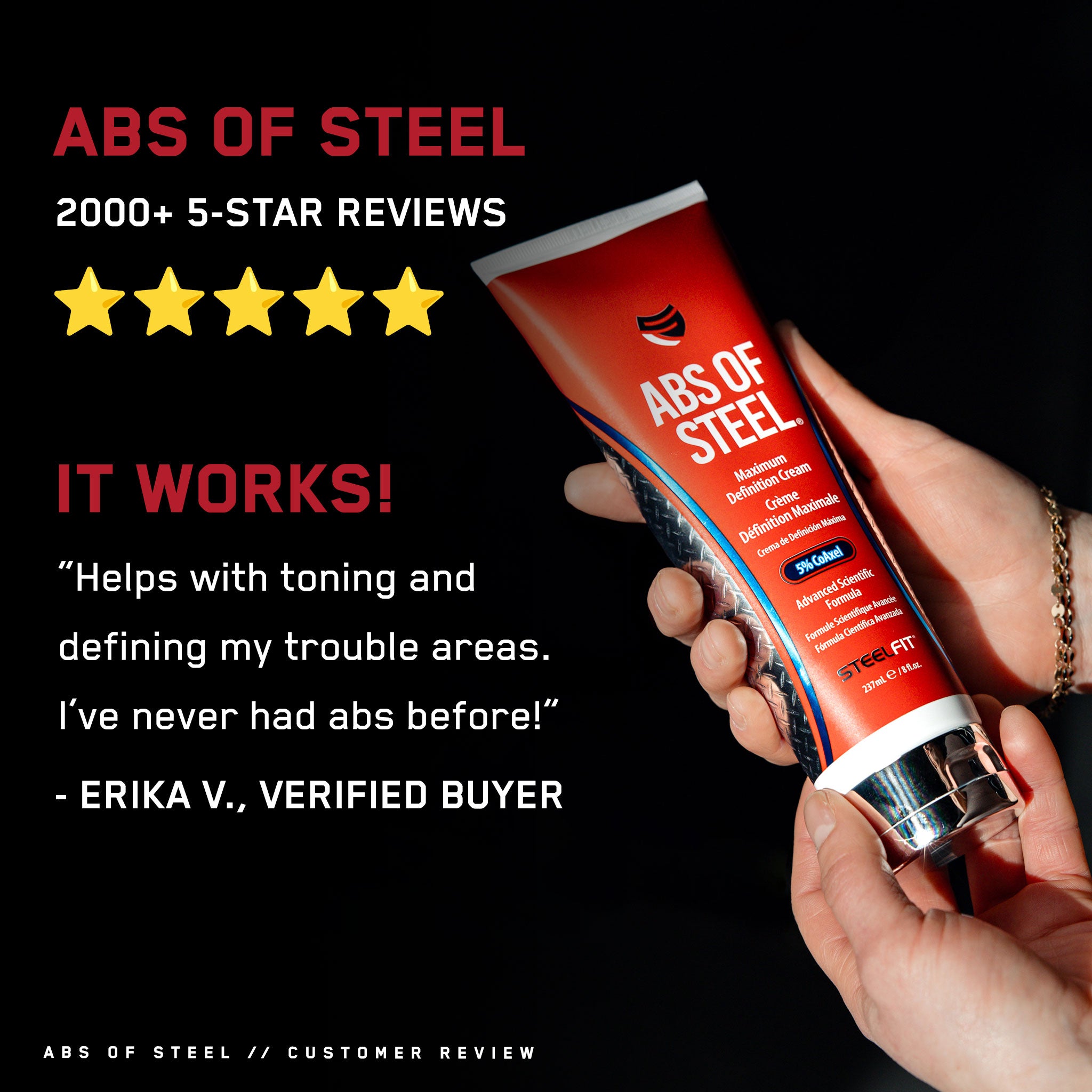 Hand holding Abs of Steel® cream tube, part of the Abs of Steel® Starter Bundle, designed to enhance circulation and fat-burning during workouts.