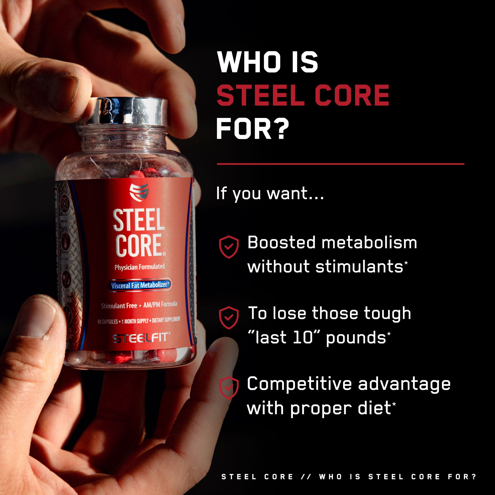 Hand holding a Steel Core® bottle, a supplement targeting abdominal fat, converting fat to energy, and improving metabolism, designed for effective fat loss.