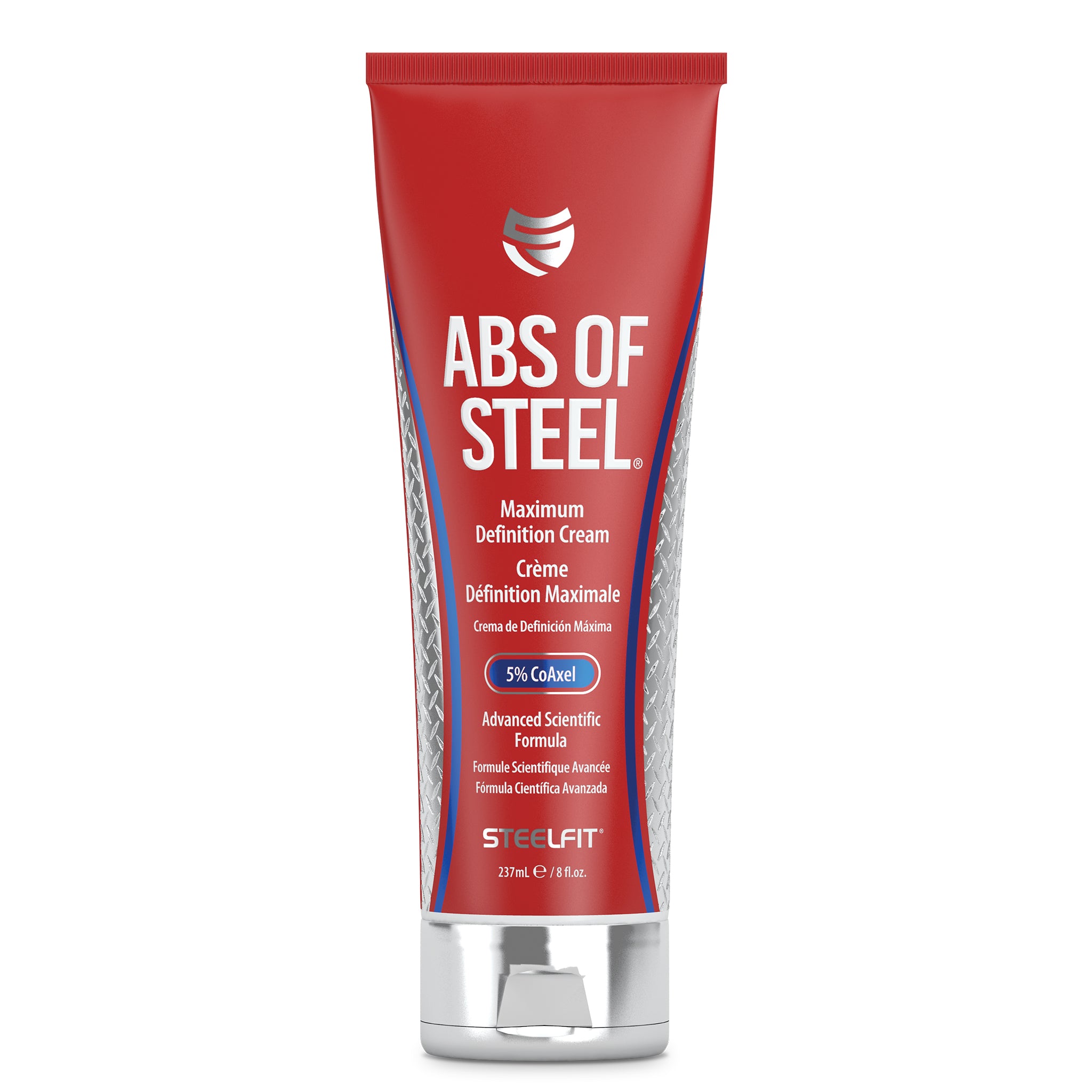 Abs of Steel® cream in a red tube with white text, designed for thermogenic fat reduction and muscle definition, featuring a heat-activated scientific formula.