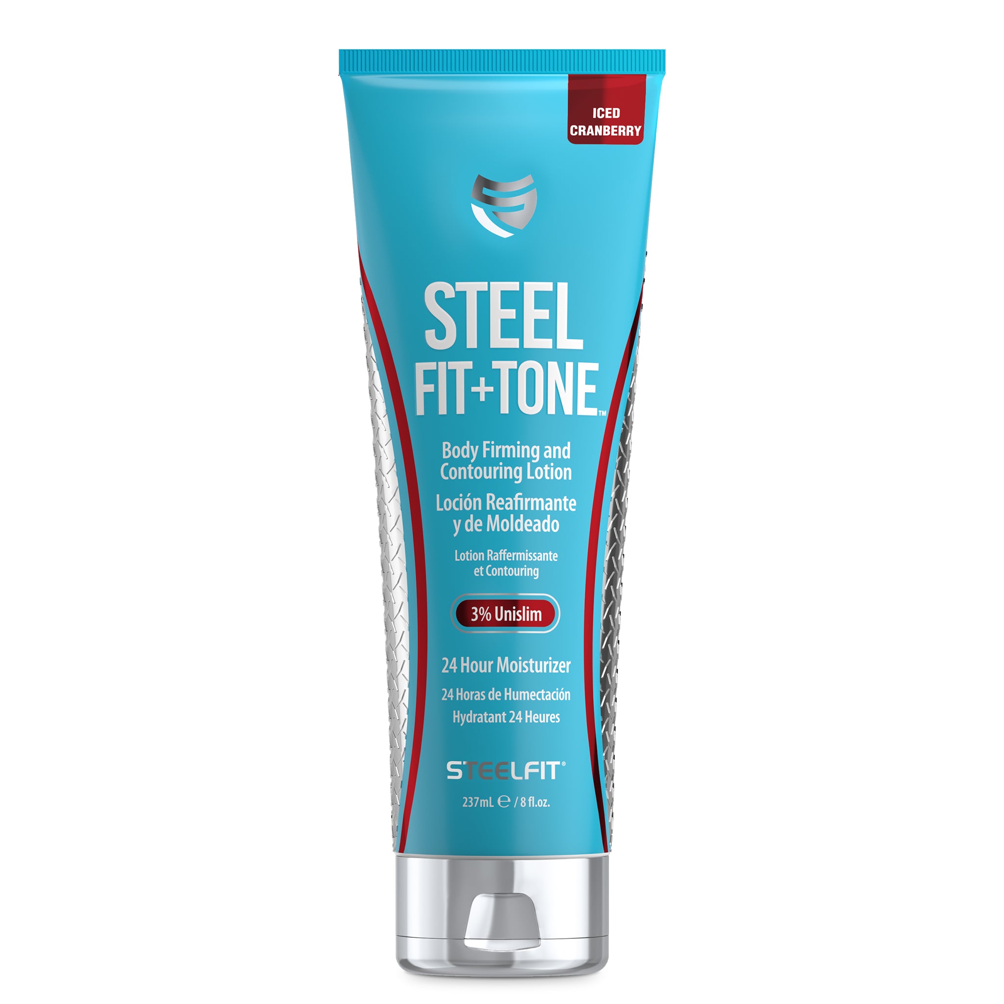 Steel Fit + Tone body firming lotion tube, designed for toning and contouring with 3% Unislim, featuring advanced moisturizing and skin-enhancing ingredients.