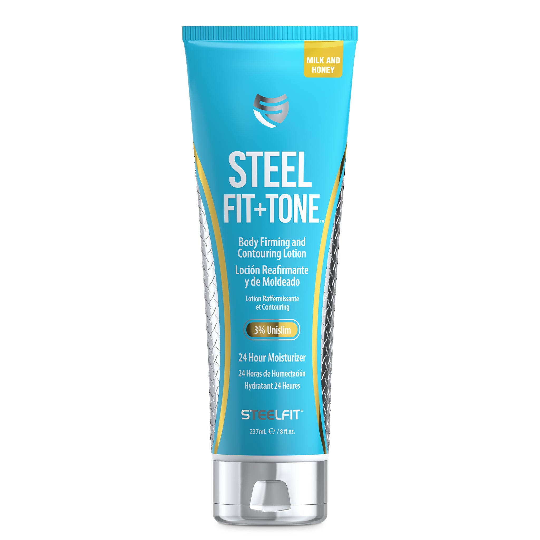 Steel Fit + Tone Starter Bundle with blue and white cream tube and lotion bottle, designed for enhancing fitness and beauty routines.