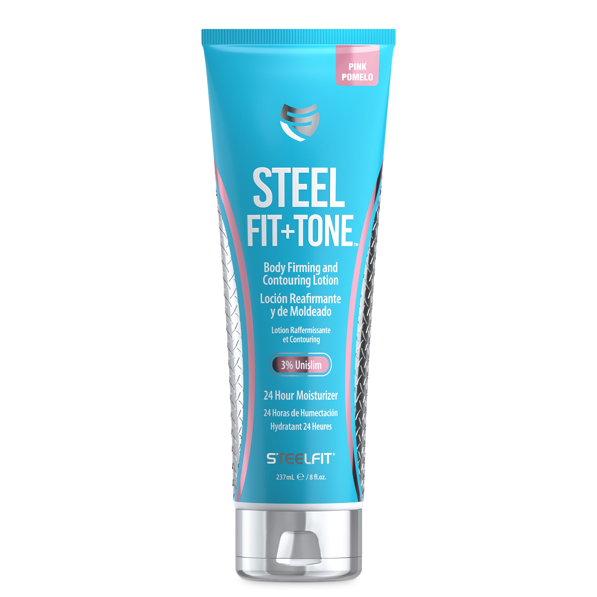 Steel Fit + Tone body firming lotion tube, designed for skin toning and contouring with 24-hour moisturizers.