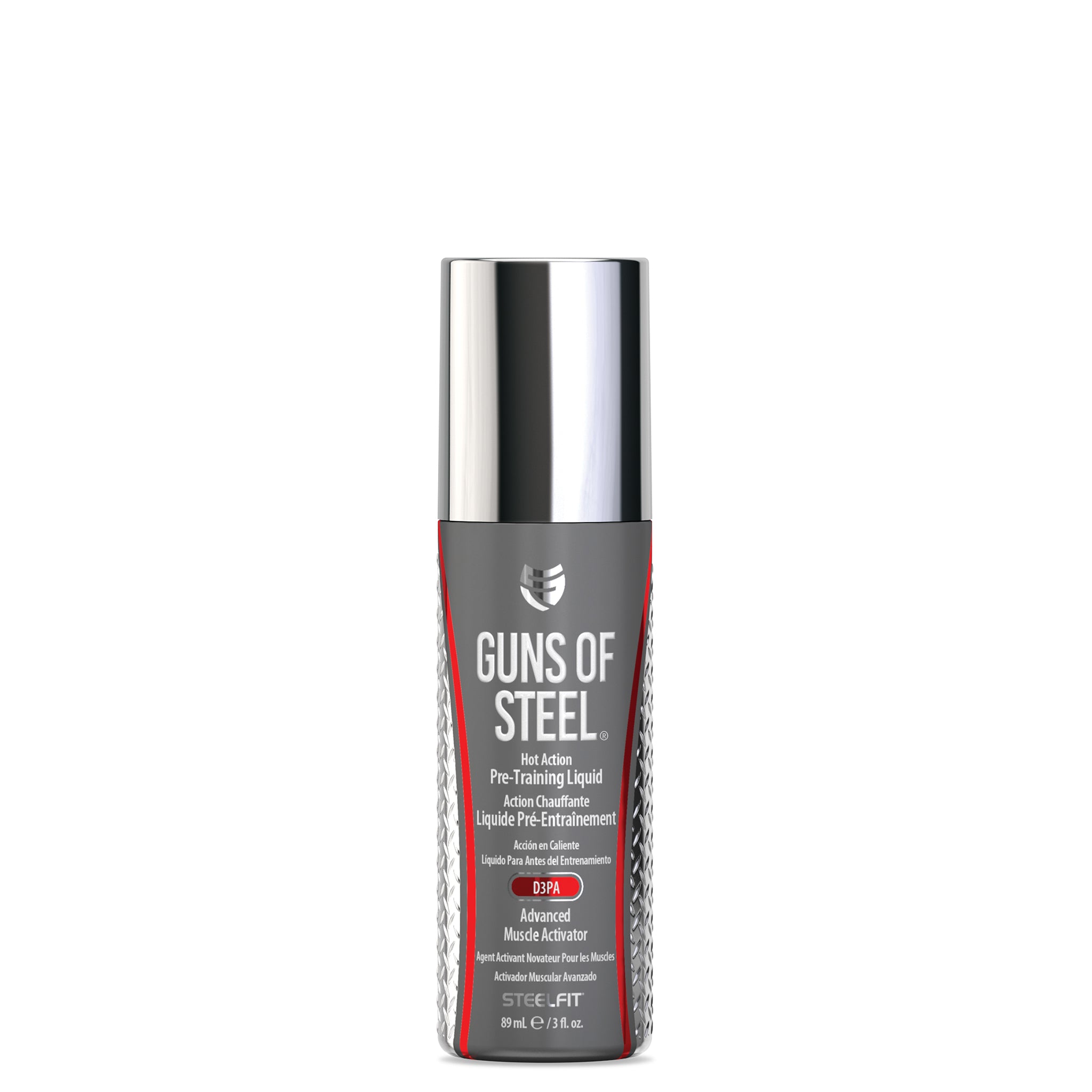 Guns of Steel® Pre-Training Liquid bottle, featuring D3PA formulation for enhanced muscle activation and workout intensity, ideal for targeting biceps and triceps.