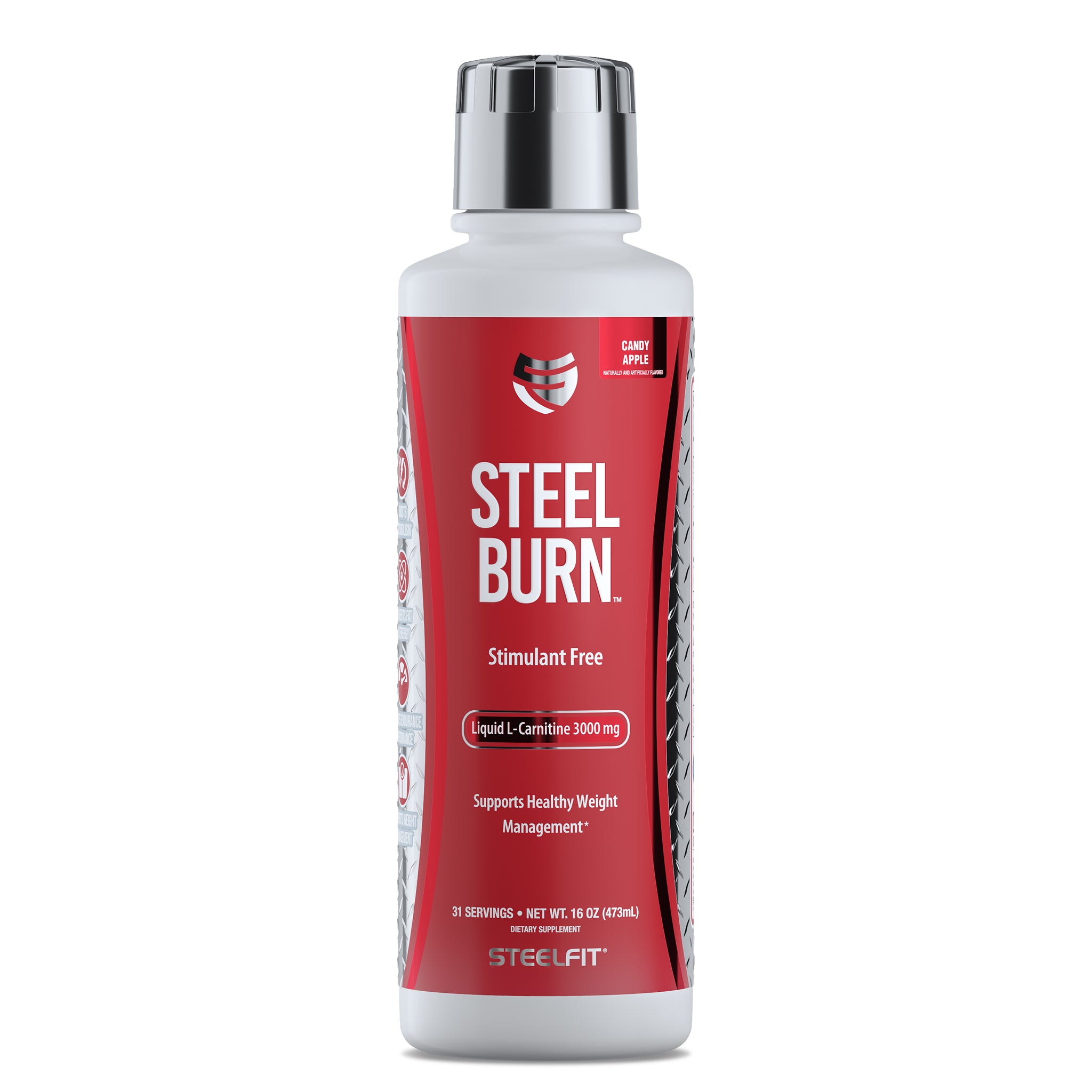 Steel Burn® fat loss supplement bottle with red label, designed for weight management and energy conversion, offering a delicious, stimulant-free experience.