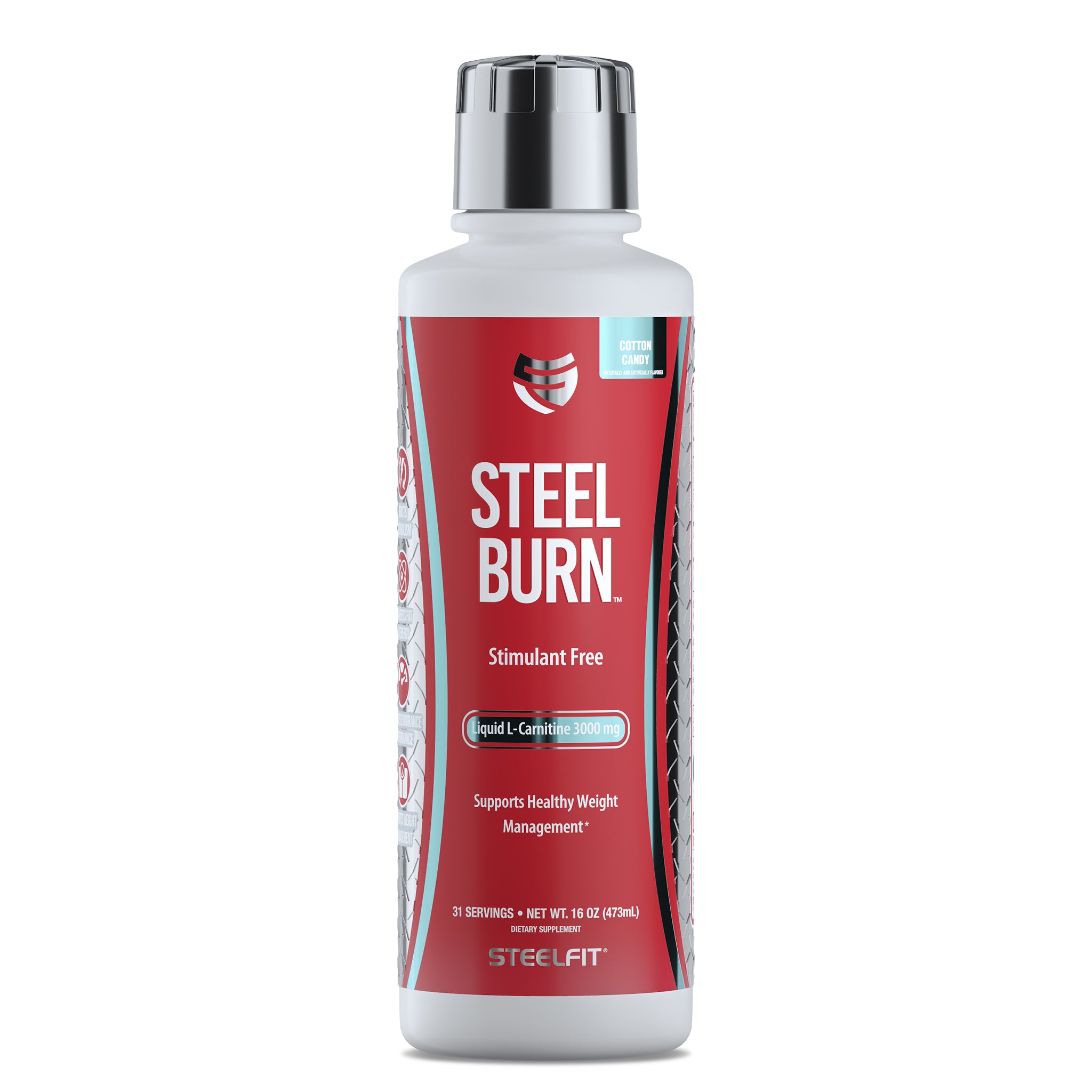 Steel Burn® bottle with red label, a stimulant-free supplement for weight management, boosting metabolism, and converting fat to energy.
