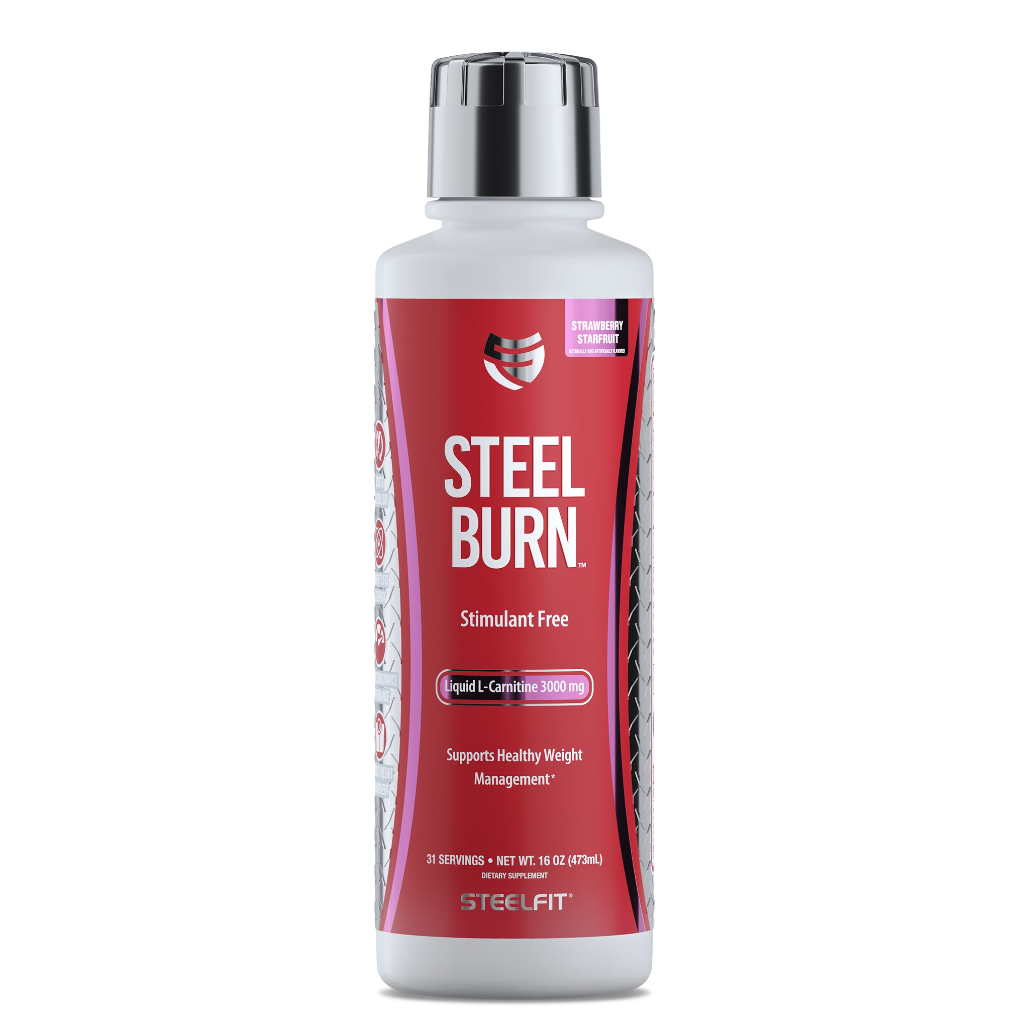 Steel Burn® bottle with red label, featuring a silver cap. This stimulant-free supplement aids weight management by converting fat to energy with Carnipure® L-Carnitine.