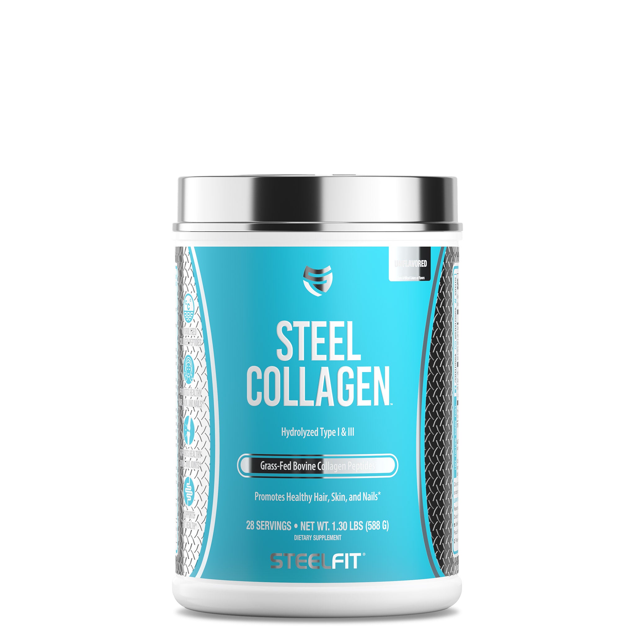 Steel Collagen container with blue label, featuring hydrolyzed collagen peptides, Biotin, Hyaluronic Acid, and Vitamin C for healthy hair, skin, nails, and joints.