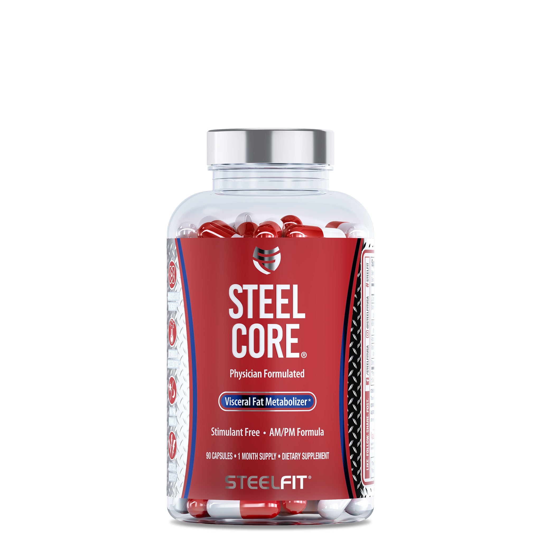 Steel Core® bottle containing red and white capsules, designed to convert fat to energy and target abdominal fat, aligning with SteelFit USA's fitness goals.