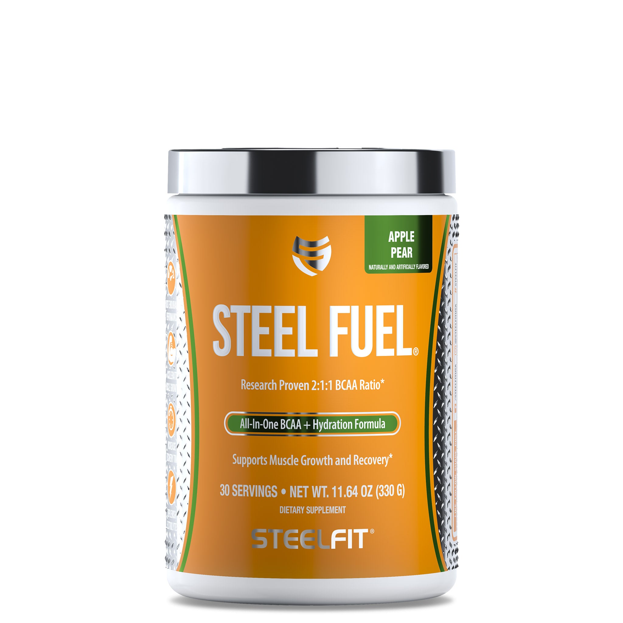 Steel Fuel® container with orange label, featuring 2:1:1 BCAA ratio for muscle repair, endurance enhancement, and electrolyte replenishment.