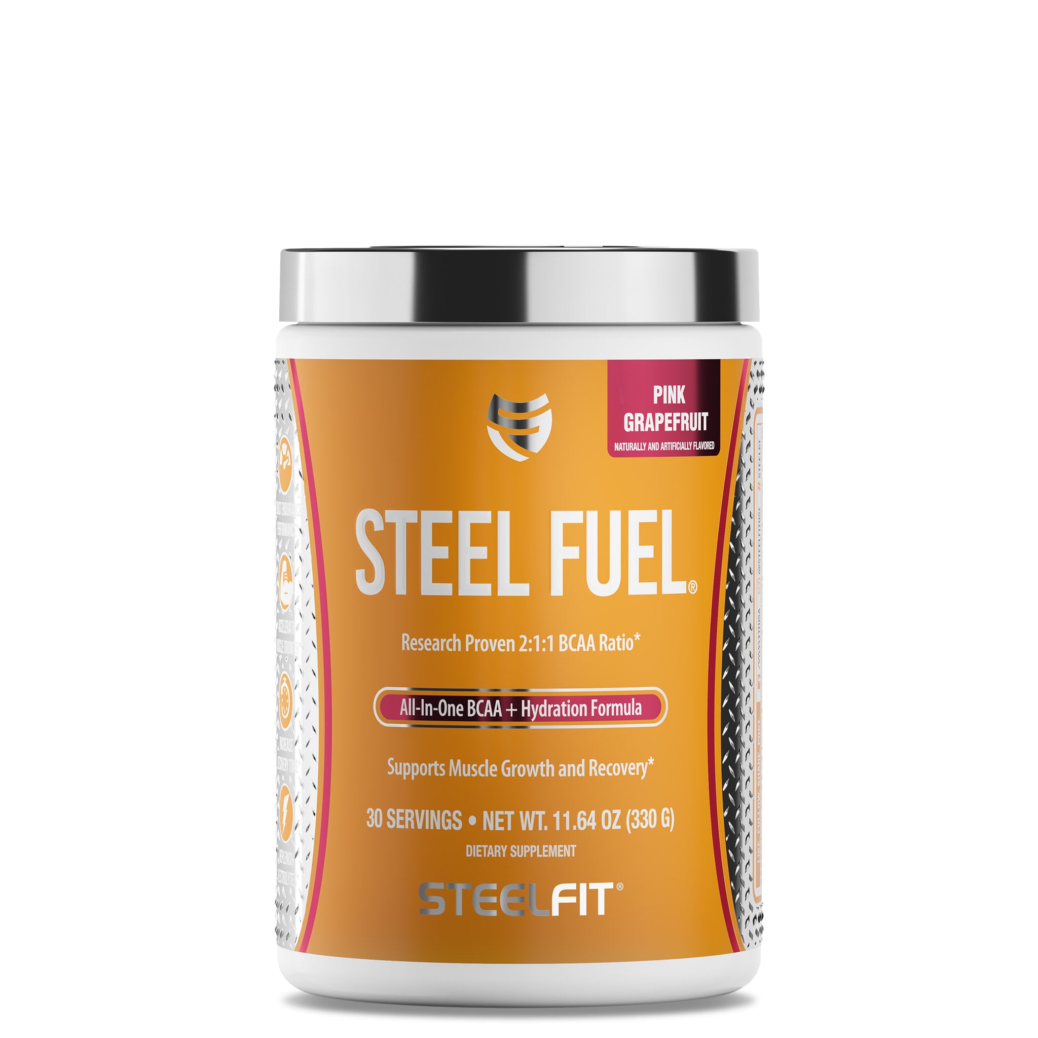 Steel Fuel® sports nutrition can with orange label, offering 5g BCAA per serving to boost muscle growth, endurance, and recovery, from SteelFit USA.