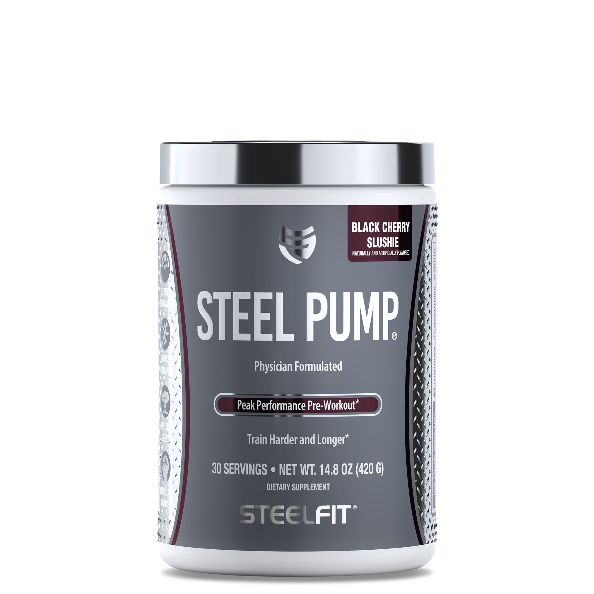 Steel Pump® pre-workout powder in a white container with a silver lid, known for enhancing energy, stamina, and performance during intense workouts.