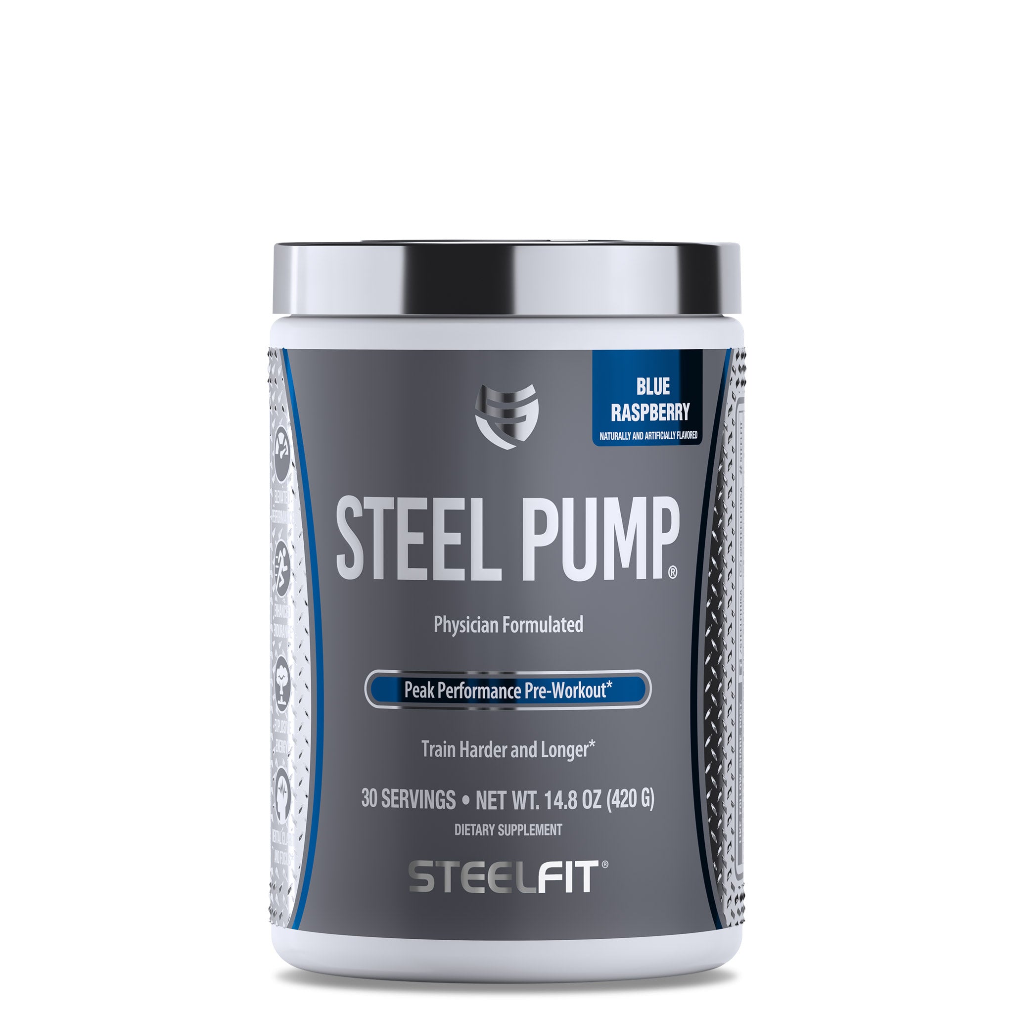 Steel Pump® container, featuring a logo on a grey surface, offers a powerful pre-workout formula to enhance endurance, energy, and focus for intense training sessions.