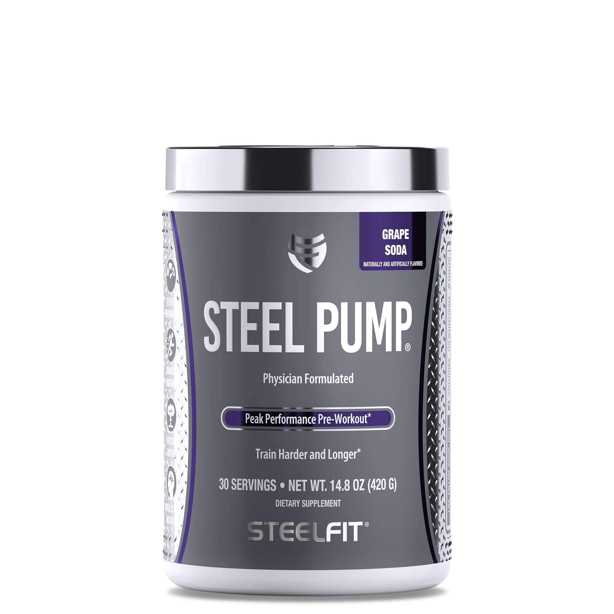 Steel Pump® pre-workout bottle, designed for enhanced energy and stamina, displayed in a white container, promoting elevated performance and focus for intense workouts.