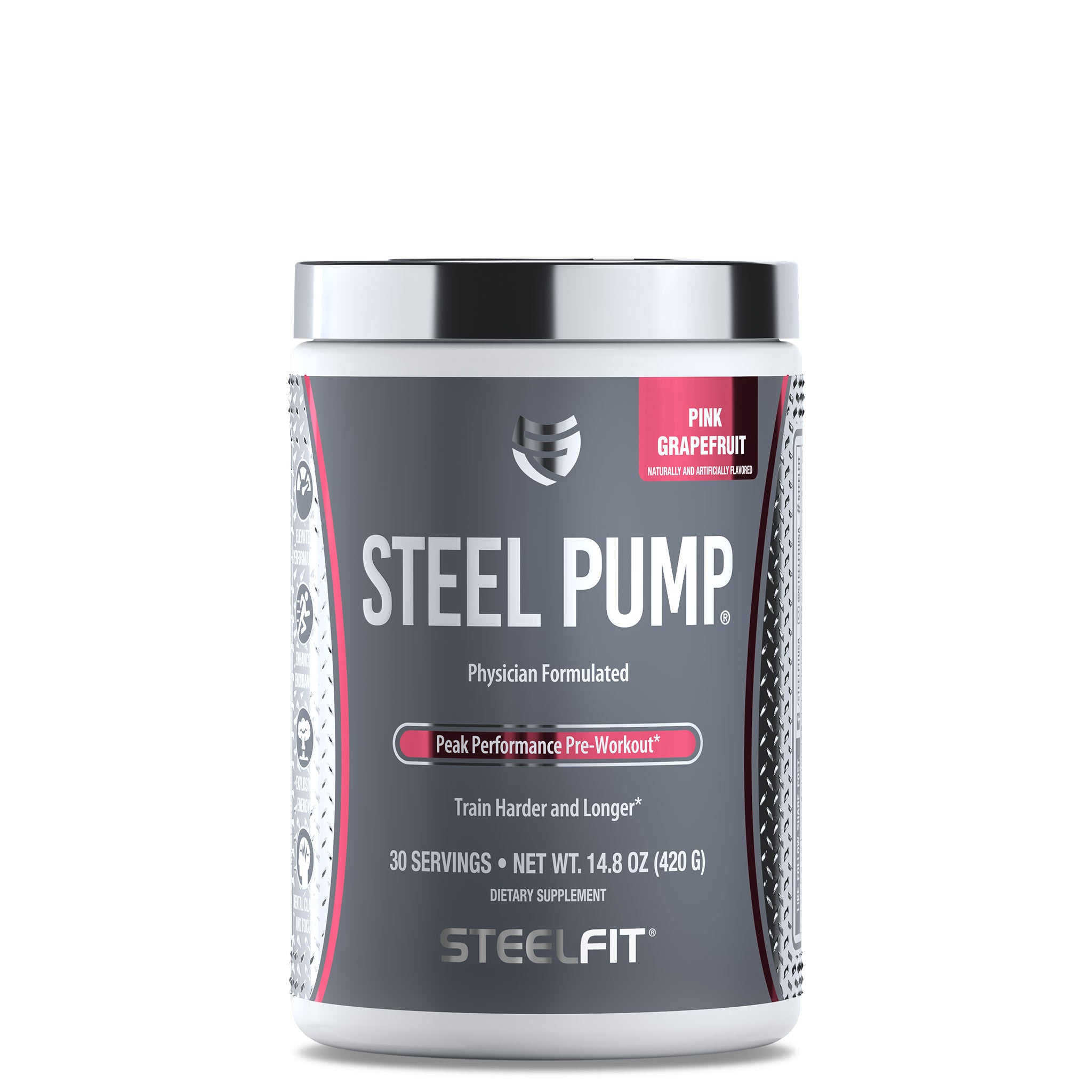 Steel Pump® pre-workout supplement in a white container, designed to enhance energy, stamina, and performance for intense training sessions.