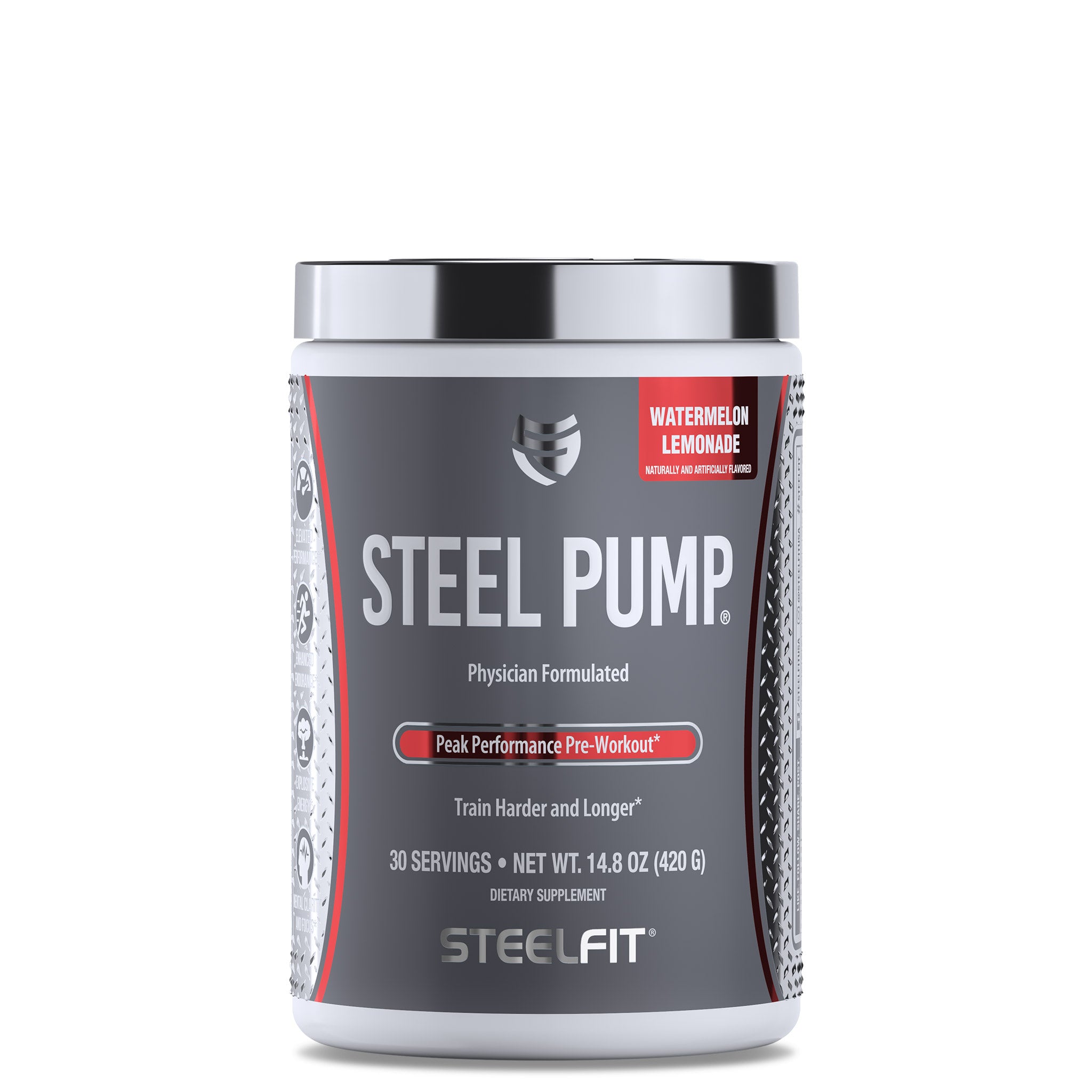 Steel Pump® sports nutrition container, promoting enhanced performance and energy for workouts, featuring easy-to-mix powder for improved endurance and mental clarity.