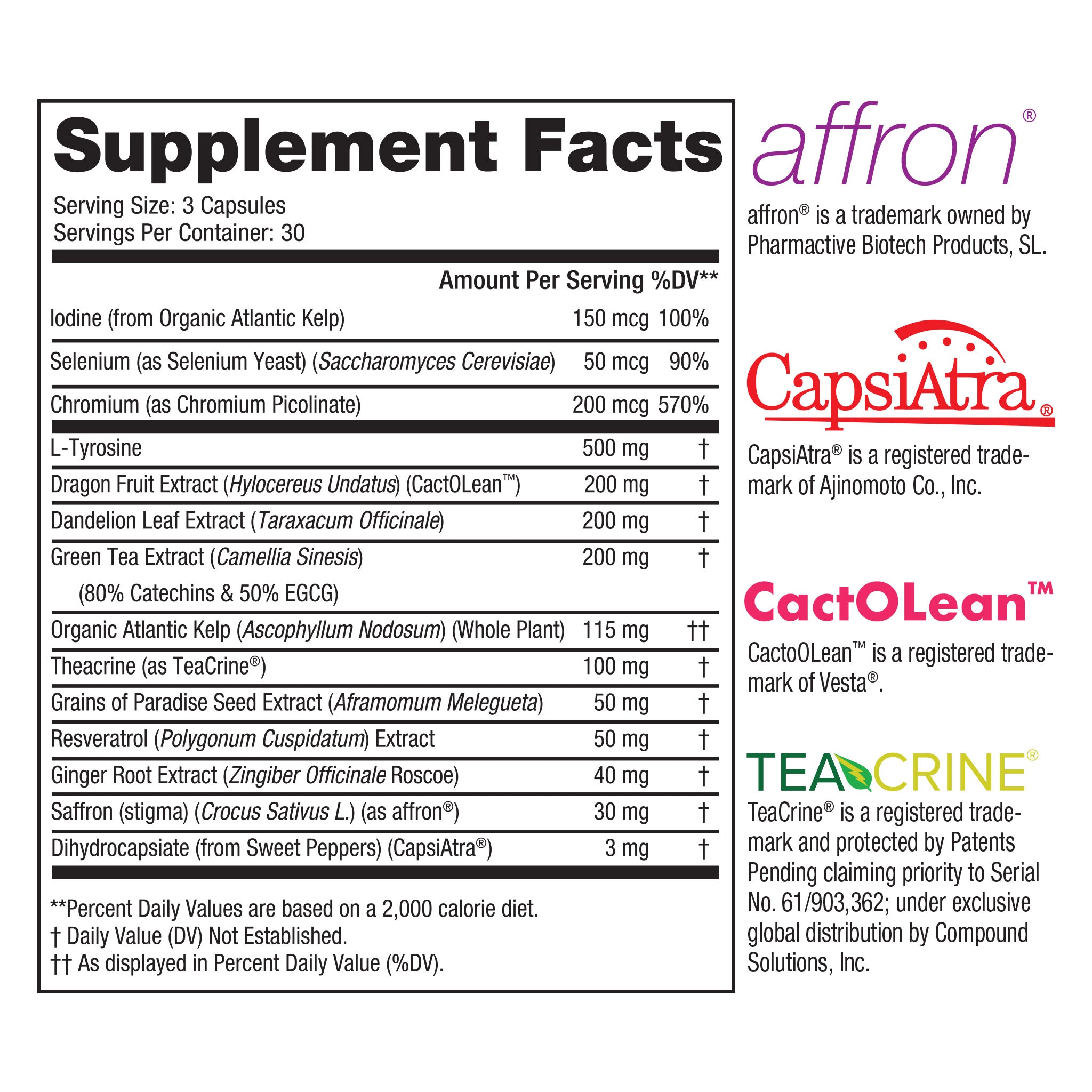 Supplement Facts label for Steel Slim female fat burning supplement