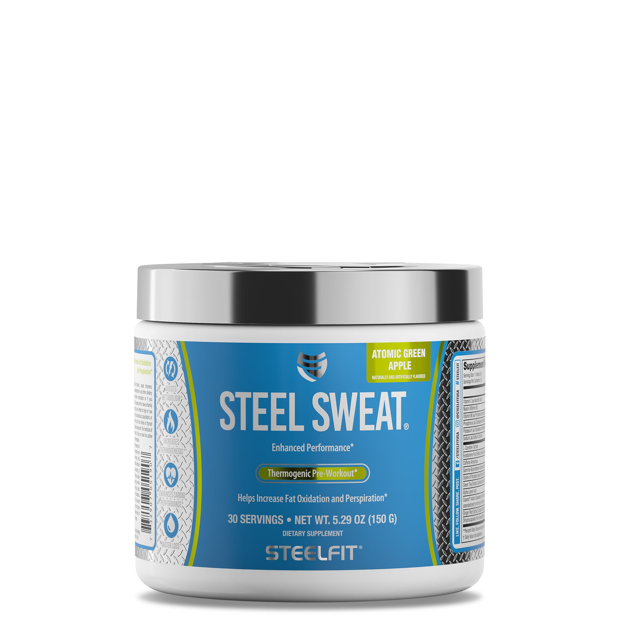 Steel Sweat® container with blue label, featuring a logo. A sports nutrition supplement designed to boost metabolism and enhance cardio performance.