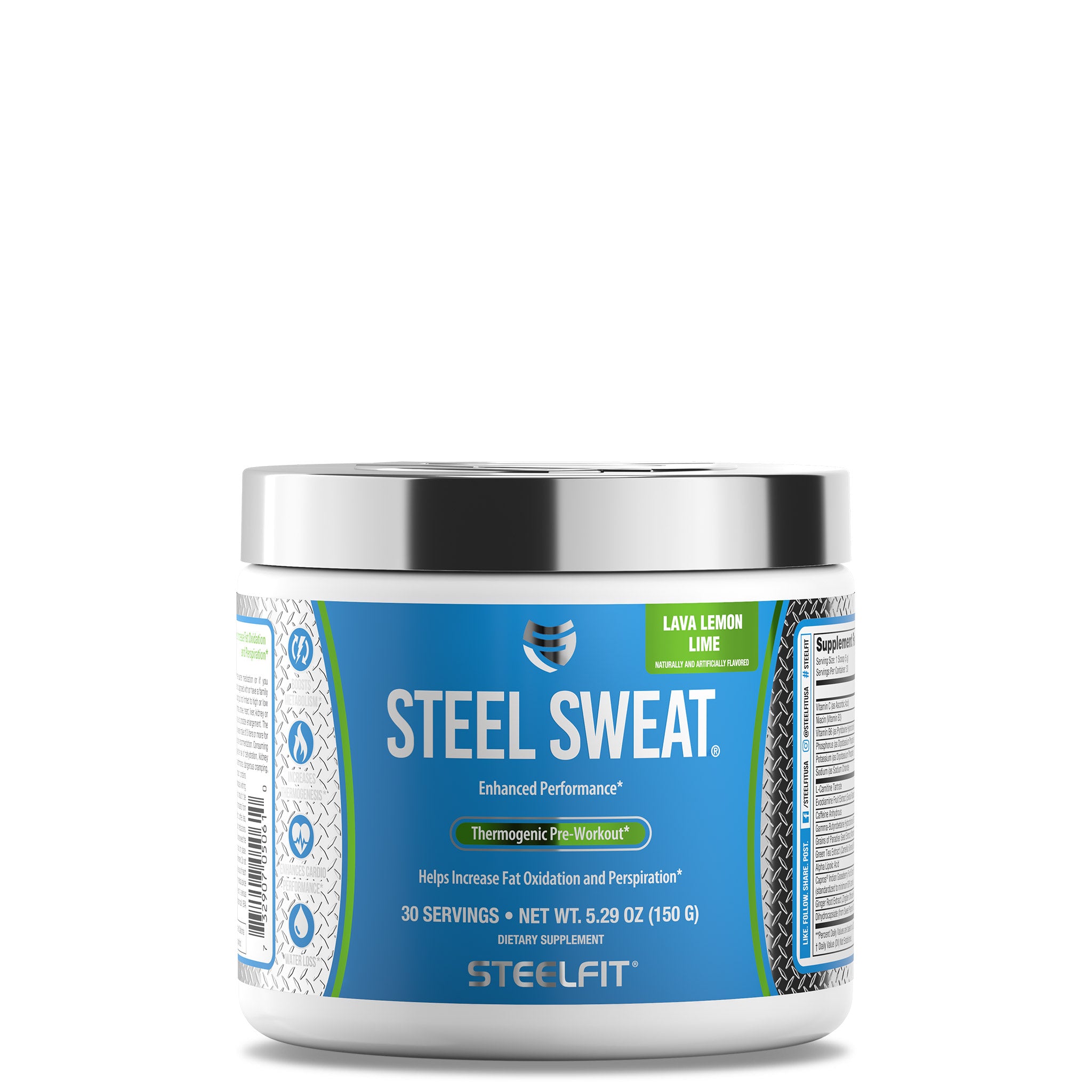 Steel Sweat® powder in a white container with a blue label, designed to boost metabolism and enhance cardio performance for fitness enthusiasts.